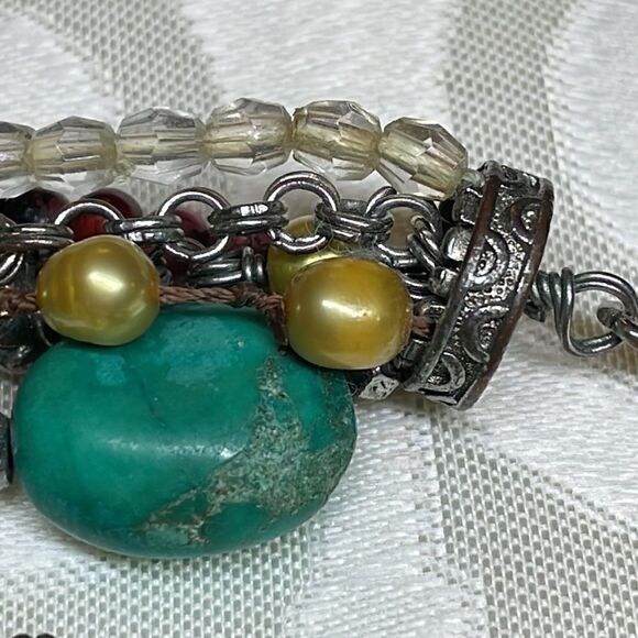 Multi-strand faux turquoise, red, yellow pearl, and neutral tone necklace - Picture 7 of 10